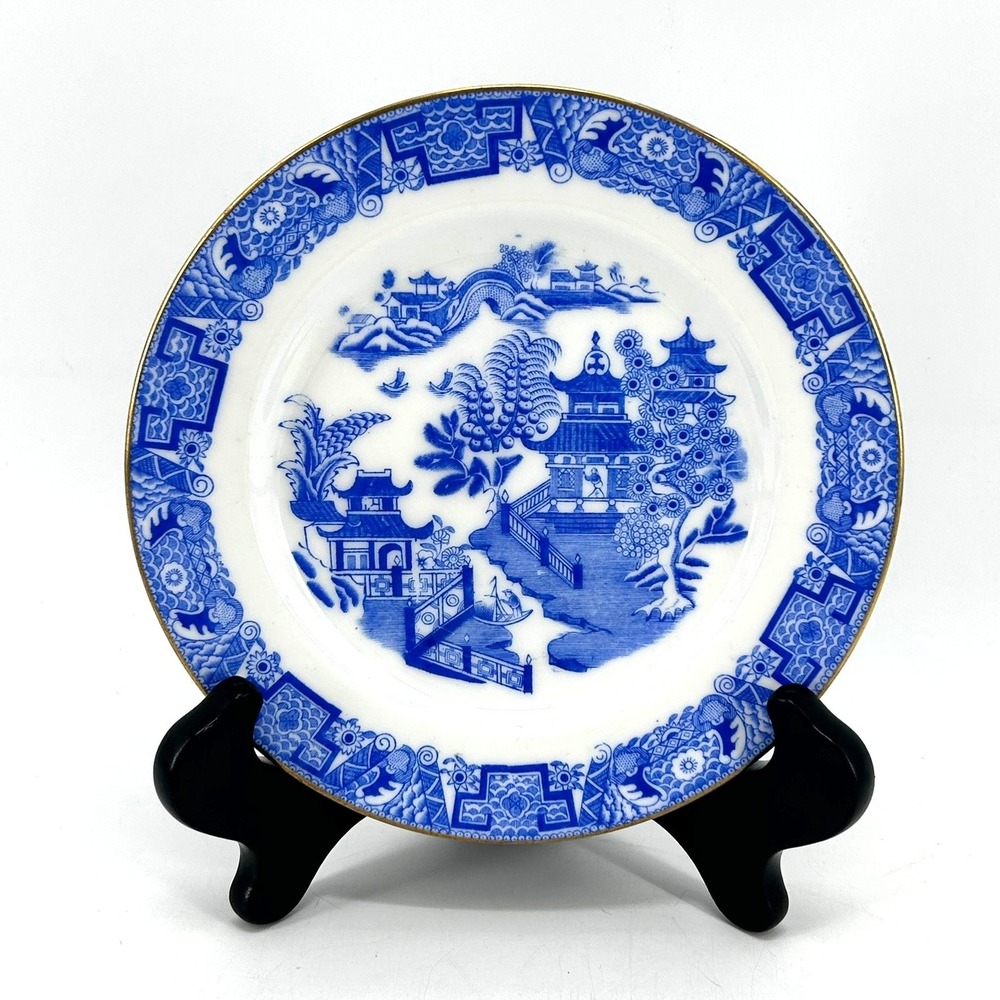Royal Worcester Blue Willow Dessert Plate English China Pagoda Gold Rim 7" VTG